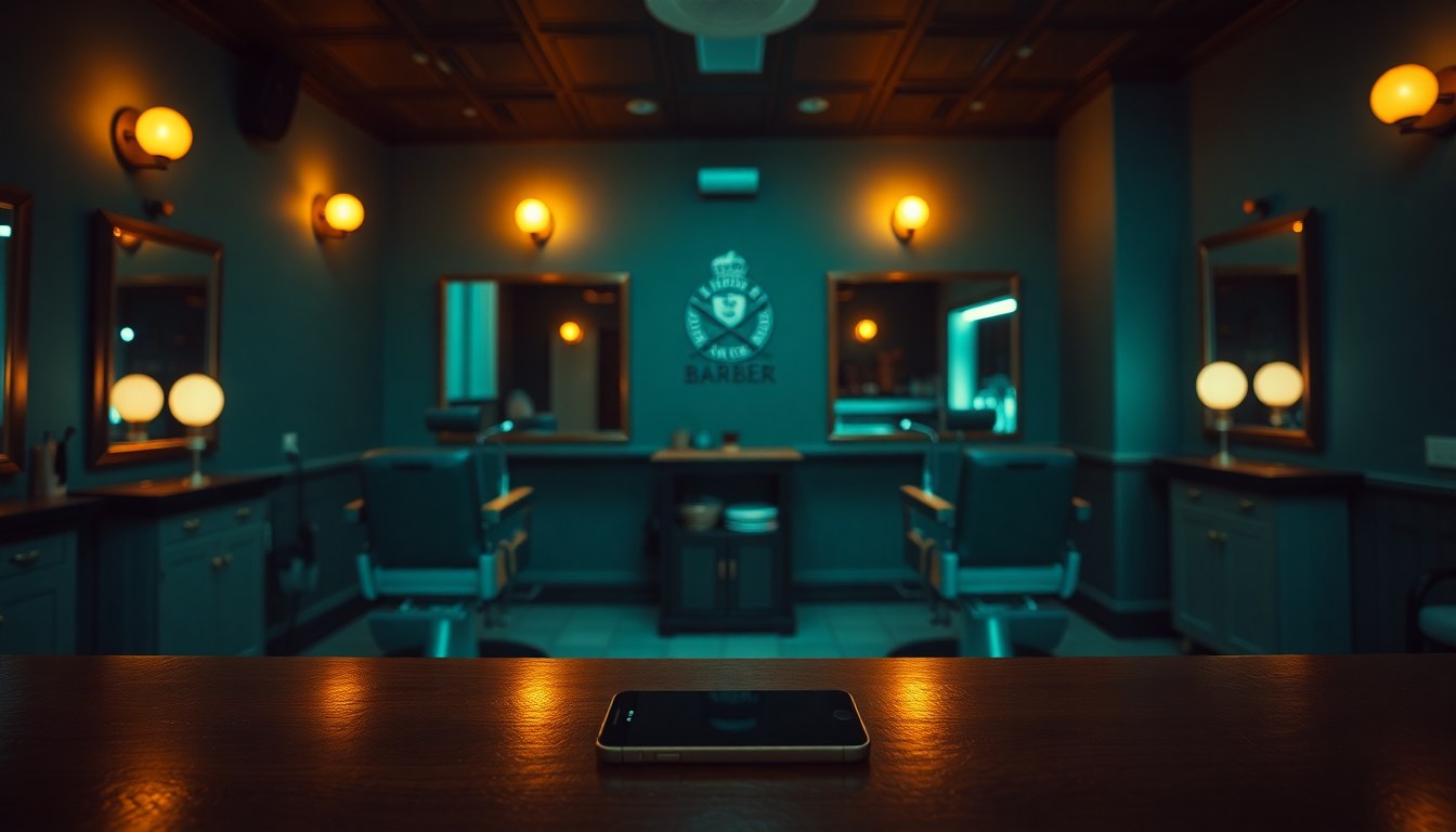 Barbearia fechada ao anoitecer com o celular sobre o balcão