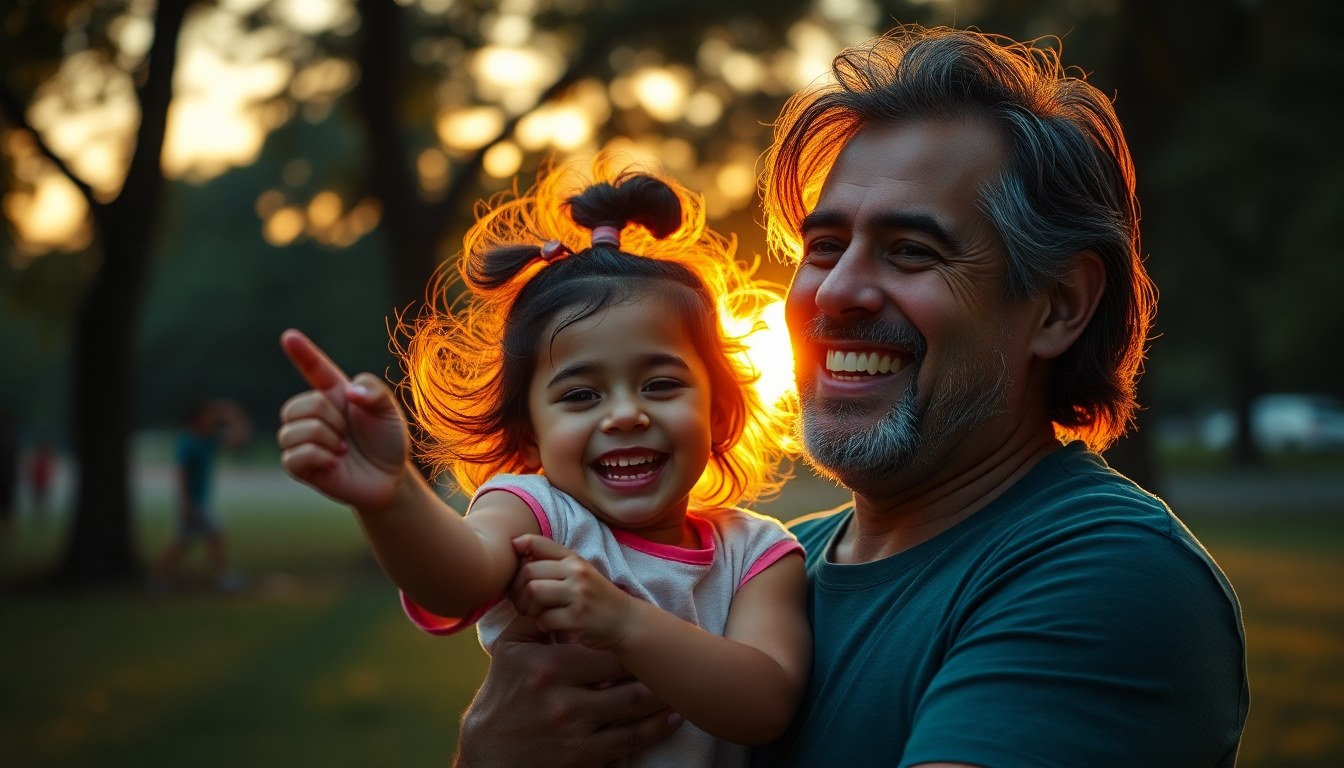 Pai brincando com a filha no parque ao pôr do sol
