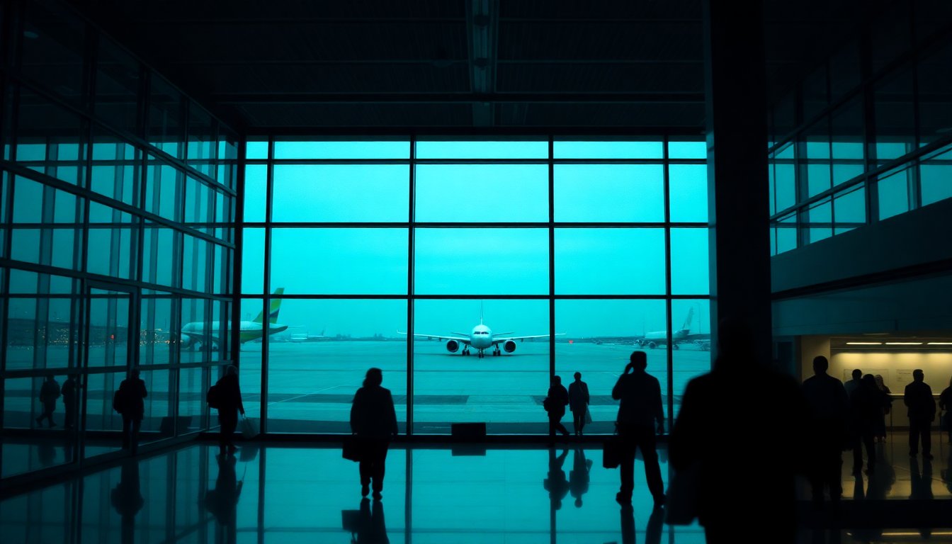Saguão de aeroporto à noite visto através do vidro